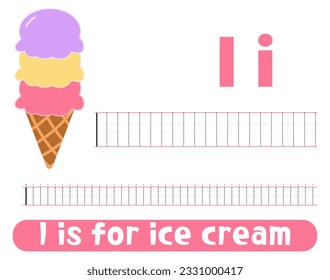 Tracing alphabet letter I with cute ice cream. Worksheet for children.