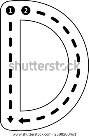Tracing Alphabet letter D, Uppercase prewriting dotted line element for kindergarten, preschool kids worksheet for handwriting practice activity.