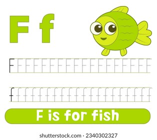 Tracing alphabet letter f with cute fish. Worksheet for children.