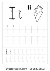 Tracing alphabet letter I. Black and white educational pages on line for kids. Printable worksheet for children textbook. Developing skills of writing. Vector for baby book. Back to school.