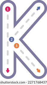 Tracing alphabet letter K uppercase prewriting dotted line element for kindergarten and preschool kids worksheet for handwriting practice activity