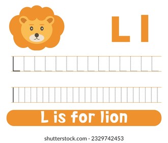 Tracing alphabet letter l with cute lion. Worksheet for children.