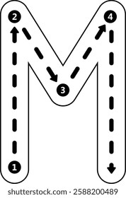 Tracing Alphabet letter M, Uppercase prewriting dotted line element for kindergarten, preschool kids worksheet for handwriting practice activity.