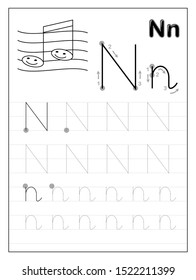 Tracing alphabet letter N. Black and white educational pages on line for kids. Printable worksheet for children textbook. Developing skills of writing. Vector for baby book. Back to school.