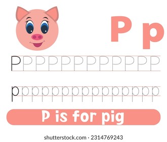 Tracing alphabet letter P with cute pink pig. Worksheet for children.