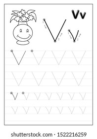 Tracing alphabet letter V. Black and white educational pages on line for kids. Printable worksheet for children textbook. Developing skills of writing. Vector for baby book. Back to school.