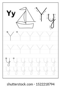 Tracing alphabet letter Y. Black and white educational pages on line for kids. Printable worksheet for children textbook. Developing skills of writing. Vector for baby book. Back to school.