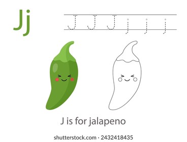 Trazando letras del alfabeto con frutas y verduras. Color lindo dibujos animados jalapeño. Letra Trace J.