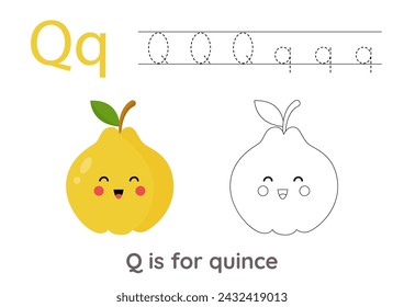 Tracing alphabet letters with cute fruits and vegetables. Color cute cartoon quince. Trace letter Q.