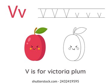 Tracing alphabet letters with cute fruits and vegetables. Color cute cartoon Victoria plum. Trace letter V.