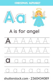 Tracing alphabet letters for kids. Christmas alphabet. A is for angel.