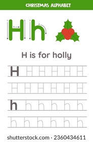Tracing alphabet letters for kids. Christmas alphabet. H is for holly.