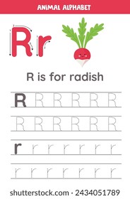 Tracing alphabet letters for kids. Fruit and vegetables alphabet. R is for radish.