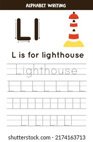 Tracing alphabet letters for kids. Learning letter L. L is for lighthouse.