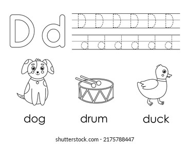 Tracing alphabet letters for kids. Learning letter D. Black and white worksheet.