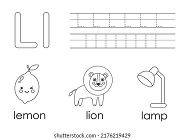 Tracing alphabet letters for kids. Learning letter L. Black and white worksheet.