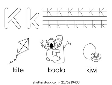 Tracing alphabet letters for kids. Learning letter K. Black and white worksheet.