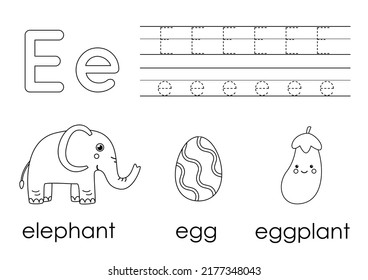 Tracing alphabet letters for kids. Learning letter E. Black and white worksheet.