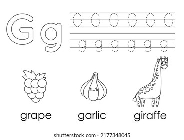 Tracing alphabet letters for kids. Learning letter G. Black and white worksheet.