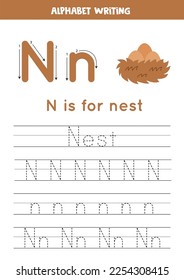 Tracing alphabet letters for kids. Learning letter N. N is for nest.