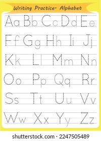 Tracing alphabet letters worksheet with all alphabet letters. Basic writing practice for kindergarten kids svg