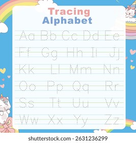 Tracing alphabet letters worksheet with all alphabet letters. ABC alphabet basic tracing practice for kindergarten kids. Printable educational worksheet 