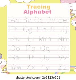 Tracing alphabet letters worksheet with all alphabet letters. ABC alphabet basic tracing practice for kindergarten kids. Printable educational worksheet 