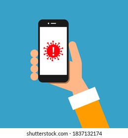 Tracing app - man is holding smartphone, phone and cell phone with coronavirus and covid-19 on display and screen. Warning, caution, alert and notice about infection and contagion. Vector illustration