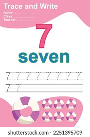 Tracing the cardinal number seven, handwriting tracing practice sheet, writing training for children, preschool activity kit, educational game, printable worksheet, learning to count, vector file.