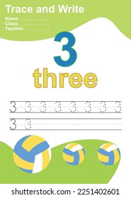 Tracing the cardinal number three, handwriting tracing practice sheet, writing training for children, preschool activity kit, educational game, printable worksheet, learning to count, vector file.