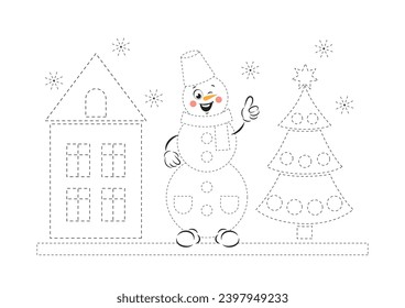 Tracing and color worksheet for practicing motor skills for kids. Coloring page with cute cartoon  snowman, house and Christmas tree.  Vector illustration
