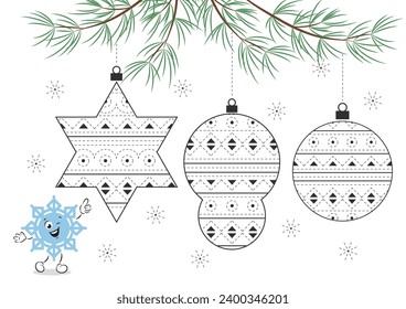 Tracing and color worksheet for practicing motor skills hand. Coloring page with Christmas decorations for kids. Tracing contours, handwriting practice. Vector illustration