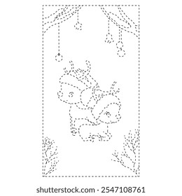 Tracing and color worksheet for practicing motor skills hand. Kids Christmas coloring pages. Coloring page with Christmas decorations for kids. Tracing contours, handwriting practice.