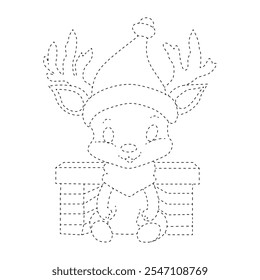 Nachverfolgung und Farbarbeitsblatt zum Üben von Hand für motorische Fähigkeiten. Kinder Weihnachten Malvorlagen. Malvorlage mit Weihnachtsdekorationen für Kinder. Konturen nachzeichnen, Handschriftenpraxis.