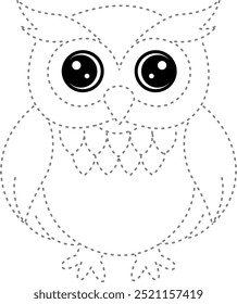 Tracing coloring cartoon cute owl for design worksheet for kindergarten.