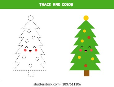 Tracing And Coloring Cute Christmas Tree. Handwriting Practice.
