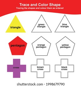 Tracing and coloring the shapes Worksheet. Educational printable math worksheet. Additional coloring page for kids. Vector illustration in cartoon style.