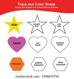 Tracing and coloring the shapes Worksheet. Educational printable math worksheet. Additional coloring page for kids. Vector illustration in cartoon style.