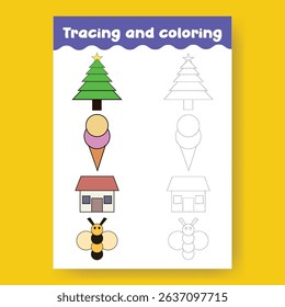 Tracing and Coloring Shapes Worksheet for Preschool Kids,  a4 print ready worksheet vector template for kids suitable for back to school