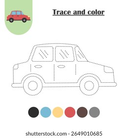 Tracing and coloring worksheet with a car for kids. Supports development of fine motor skills, hand-eye coordination, and creativity. Great for preschool and kindergarten use.