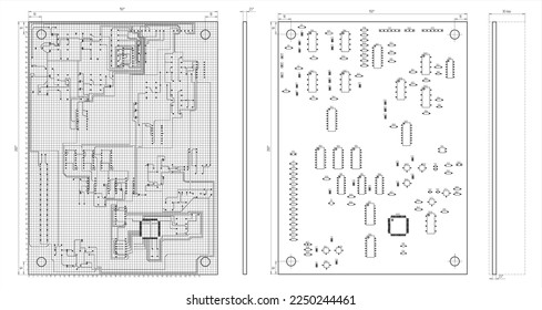 Tracing of conductors and assembly drawing of the printed circuit
board of an electronic device.
Vector drawing of printed tracks, transition holes, contact
pads. Seats of radio components.