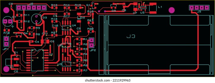 Tracing the conductors of a multilayer printed circuit board.
Vector drawing of printed tracks, transition holes,
contact pads. Electronic circuit board with components