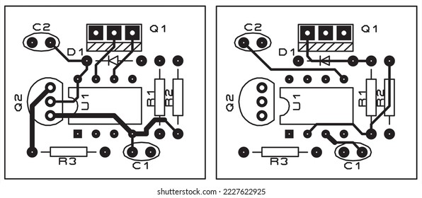 Tracing the conductors of a multilayer printed circuit board.
Vector drawing a1 of printed tracks, transition holes,
contact pads and copper metallization areas.
Silkscreen printing, assembly drawing.