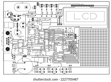 Tracing the conductors of a multilayer printed circuit board.
Vector drawing a1 of printed tracks, transition holes,
contact pads and copper metallization areas.
Silkscreen printing, assembly drawing.
