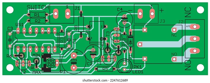 Tracing the conductors of a multilayer printed circuit board.
Vector drawing a1 of printed tracks, transition holes,
contact pads and copper metallization areas.
Silkscreen printing, assembly drawing.