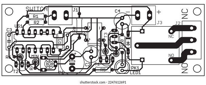 Tracing the conductors of a multilayer printed circuit board.
Vector drawing a1 of printed tracks, transition holes,
contact pads and copper metallization areas.
Silkscreen printing, assembly drawing.