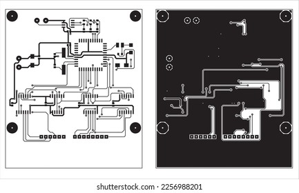 Tracing the conductors of a multilayer printed circuit board.
Vector drawing a1 of printed tracks, transition holes,
contact pads and copper metallization areas.
Silkscreen printing, assembly drawing.