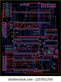 Tracing the conductors of a multilayer printed circuit board.
Vector drawing of printed tracks, transition holes,
contact pads and copper metallization areas.
Electronic circuit board with components