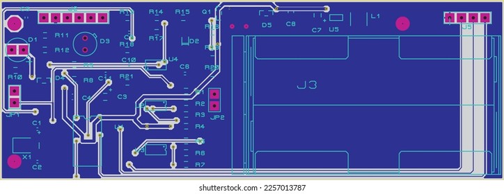 Tracing the conductors of a multilayer printed circuit board.
Vector drawing of printed tracks, transition holes,
contact pads and copper metallization areas.
Electronic circuit board with components