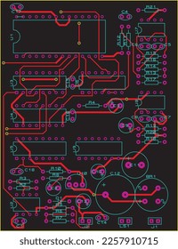 Rastreo de los conductores de una placa de circuito impreso de varias capas.
Dibujo vectorial de pistas impresas, agujeros de transición,
toallas de contacto y áreas de metalización de cobre.
Tarjeta de circuito electrónico con componentes